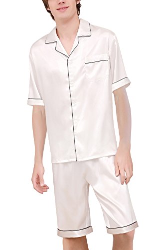 Dolamen Herren Schlafanzug, Satin Paare Kurz Zweiteiliger Pyjamas Frühling Sommer, Herren Schlafanzug mit Überprüfen Sie geknöpftes Hemd Kragen mit Tasche L XL XXL (Large, Weiß) von Dolamen