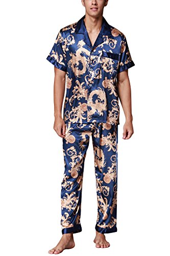 Dolamen Herren Schlafanzug, Satin Retro Druck Lang Zweiteiliger Pyjamas Frühling Sommer, Herren Schlafanzug mit Überprüfen Sie geknöpftes Hemd Kragen mit Tasche L XL XXL (XX-Large, Blau) von Dolamen