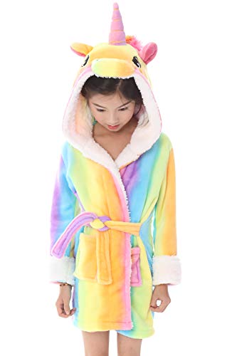 Dolamen Kinder Jungen Mädchen Morgenmantel Bademäntel Kapuzenpullover Korallenvlies Kigurumi Karikatur Nachtwäsche Nachthemd Schlafanzug (120 fit für Höhe 110-120cm (43"-47"), Regenbogen Einhorn) von Dolamen