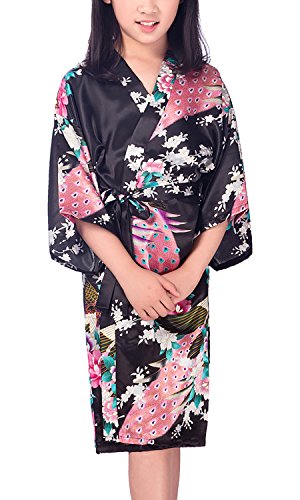 Dolamen Kinder Mädchen Morgenmantel Kimono, Satin Nachtwäsche Bademantel Robe Peacock Blume Kimono Negligee Seidenrobe locker Schlafanzug für Spa, Schwimmen Hochzeit Geburtstag Pyjamas (12, Schwarz) von Dolamen