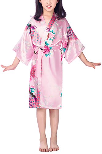 Dolamen Kinder Mädchen Morgenmantel Kimono Satin Nachtwäsche Bademantel Robe Peacock Blume Negligee Schlafanzug Schwimmen Hochzeit Geburtstag (Größe 10(Höhe 115-130cm (45"-51")), Rosa) von Dolamen