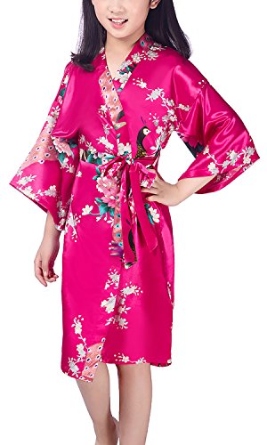 Dolamen Kinder Mädchen Morgenmantel Kimono Satin Nachtwäsche Bademantel Robe Peacock Blume Negligee Schlafanzug Schwimmen Hochzeit Geburtstag (Größe 10(Höhe 115-130cm (45"-51")), Rose) von Dolamen