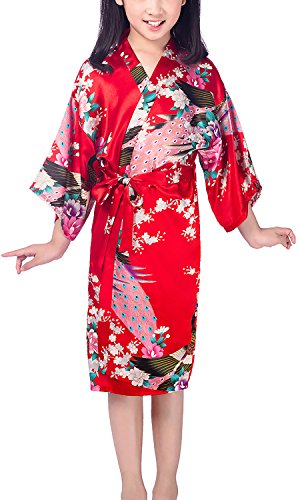Dolamen Kinder Mädchen Morgenmantel Kimono Satin Nachtwäsche Bademantel Robe Peacock Blume Negligee Schlafanzug Schwimmen Hochzeit Geburtstag (Größe 12(Höhe 130-145cm (51"-57")), Rot) von Dolamen