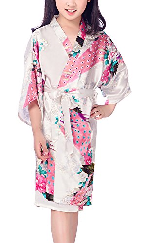 Dolamen Kinder Mädchen Morgenmantel Kimono Satin Nachtwäsche Bademantel Robe Peacock Blume Negligee Schlafanzug Schwimmen Hochzeit Geburtstag (Größe 14(Höhe 145-160cm (57"-63")), Weiß) von Dolamen