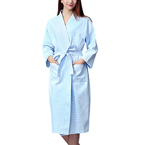 Dolamen Unisex Damen Herren Morgenmantel Bademäntel, Weich u. Leicht Baumwolle Waffelpique Nachtwäsche Nachthemd Robe Negligee locker Schlafanzug, für Spa Hotel Sauna (Large, Blau) von Dolamen