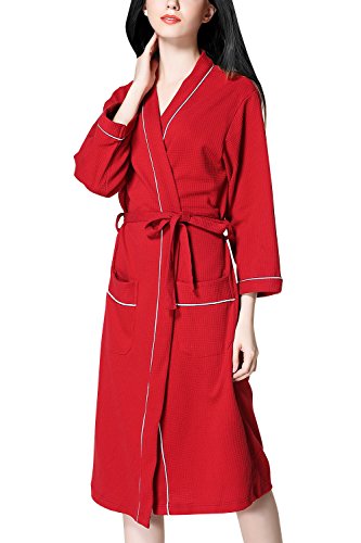 Dolamen Unisex Damen Herren Morgenmantel Bademäntel, Weich u. Leicht Baumwolle Waffelpique Nachtwäsche Nachthemd Robe Negligee locker Schlafanzug, für Spa Hotel Sauna (Large, Rot) von Dolamen