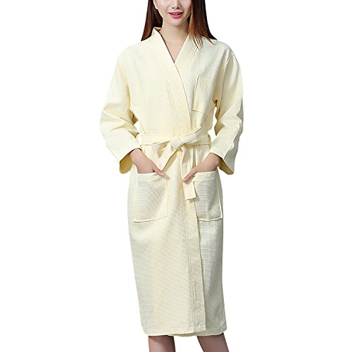 Dolamen Unisex Damen Herren Morgenmantel Bademäntel, Weich u. Leicht Baumwolle Waffelpique Nachtwäsche Nachthemd Robe Negligee locker Schlafanzug, für Spa Hotel Sauna (X-Large, Gelb) von Dolamen