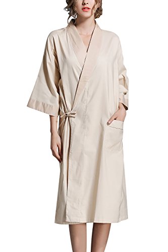 Dolamen Unisex Damen Herren Morgenmantel Kimono, Bettwäsche aus Baumwolle Nachtwäsche Bademantel Robe Kimono Negligee locker Schlafanzug, Büste 130cm, 51,18 Zoll, große Größe für alle (Beige) von Dolamen