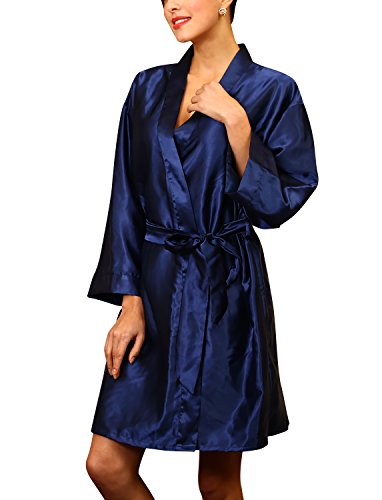 Dolamen Unisex Damen Herren Morgenmantel Kimono, Satin Nachtwäsche Bademantel Robe Kimono Negligee Seidenrobe locker Schlafanzug, Büste 132cm, 51,97 Zoll, große Größe für alle (Dunkelblau) von Dolamen