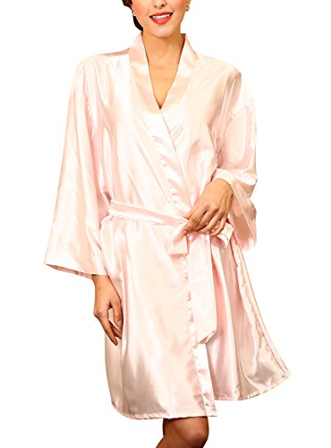 Dolamen Unisex Damen Herren Morgenmantel Kimono, Satin Nachtwäsche Bademantel Robe Kimono Negligee Seidenrobe locker Schlafanzug, Büste 132cm, 51,97 Zoll, große Größe für alle (Rosa) von Dolamen