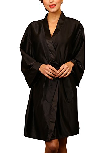 Dolamen Unisex Damen Herren Morgenmantel Kimono, Satin Nachtwäsche Bademantel Robe Kimono Negligee Seidenrobe locker Schlafanzug, Büste 132cm, 51,97 Zoll, große Größe für alle (Schwarz) von Dolamen