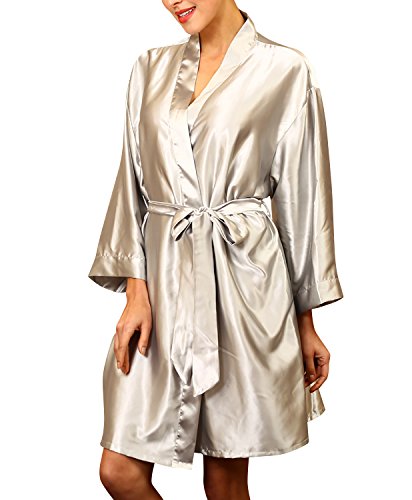 Dolamen Unisex Damen Herren Morgenmantel Kimono, Satin Nachtwäsche Bademantel Robe Kimono Negligee Seidenrobe locker Schlafanzug, Büste 132cm, 51,97 Zoll, große Größe für alle (Silber) von Dolamen
