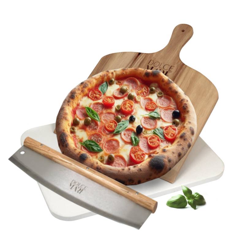Pizzastein Set weiss Backofen Grill Holz Pizzaschieber Edelstahl Pizzaschneider von Dolce Mare