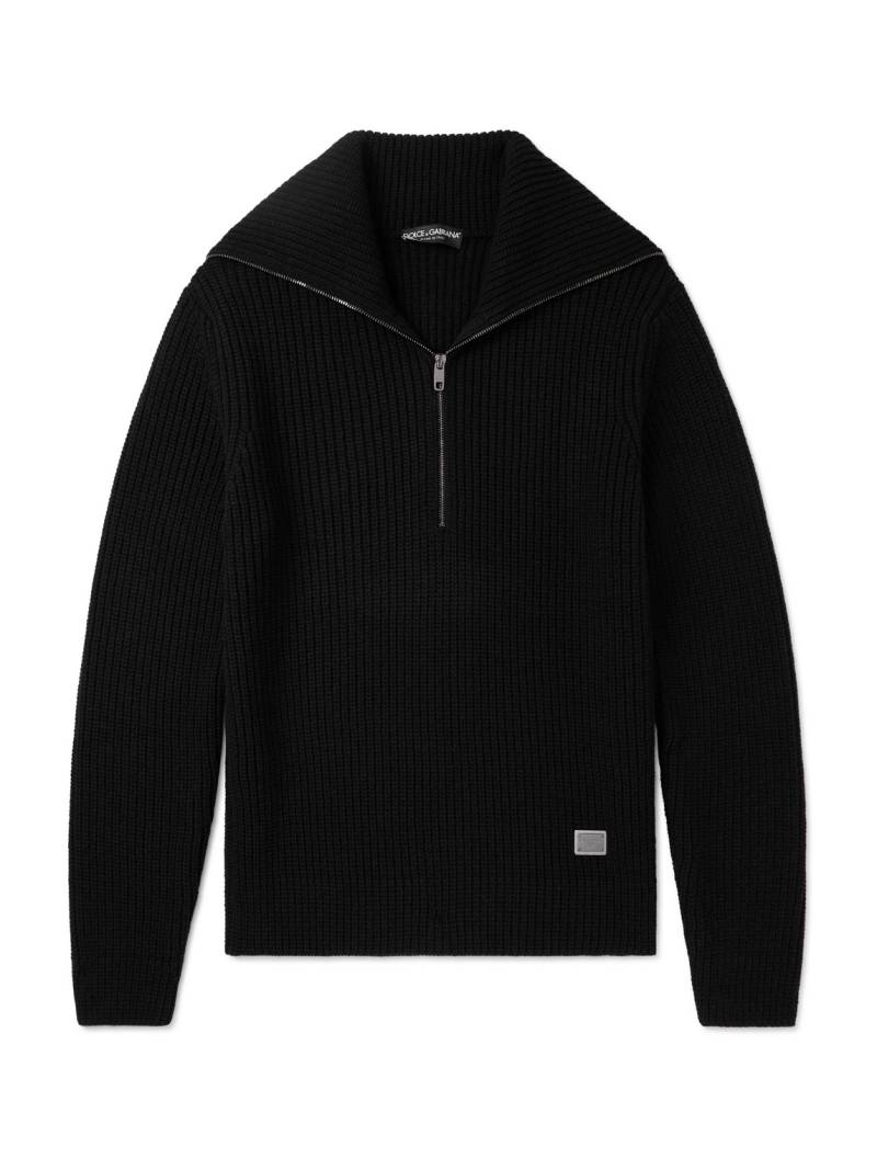 Dolce&Gabbana - Logo-Appliquéd Ribbed Wool Half-Zip Sweater - Men - Black - IT 50 von Dolce&Gabbana