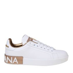 Dolce & Gabbana Portofino Weiße Goldene Ledersneaker von Dolce & Gabbana