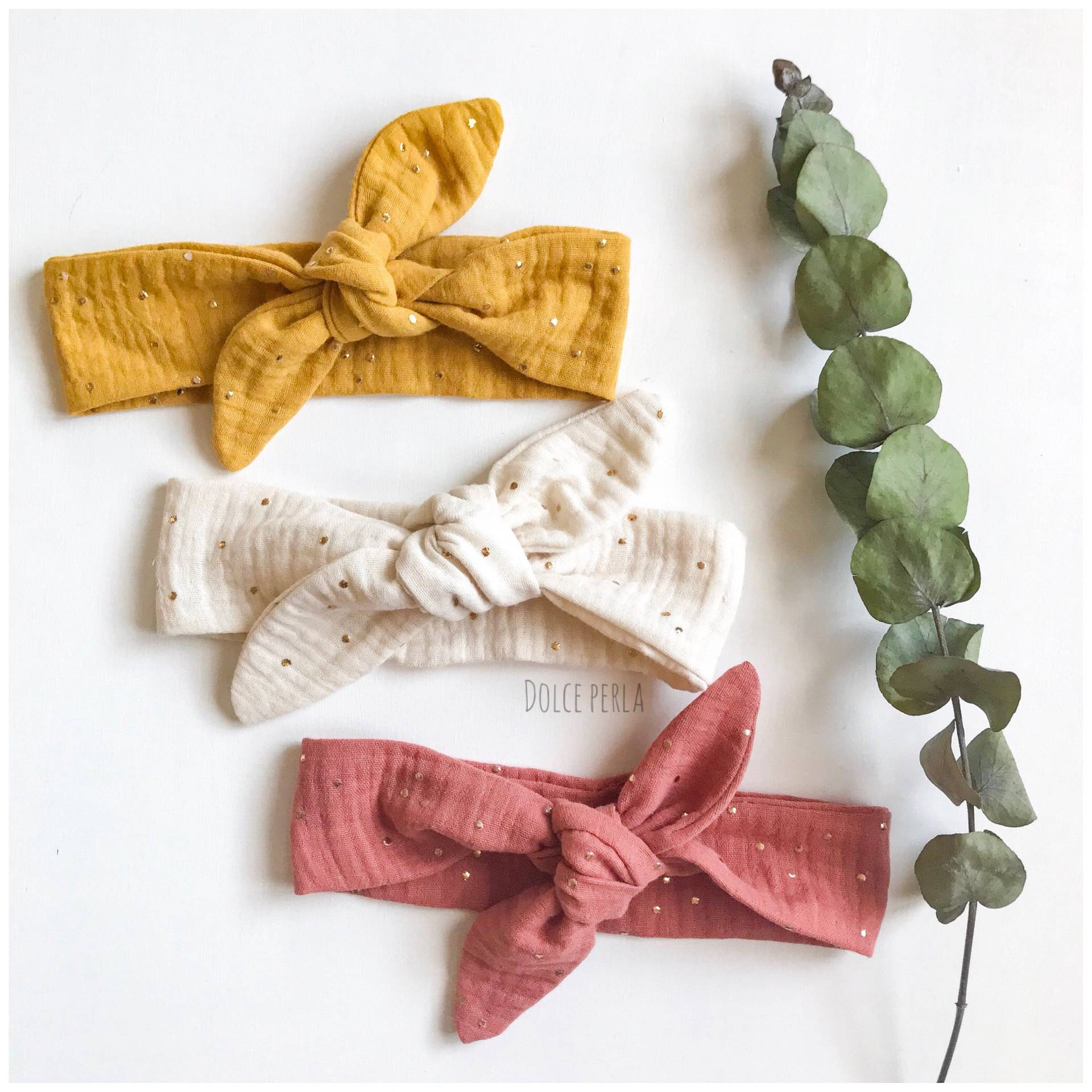 Baby-stirnband Aus Doppelter Gaze Mit Goldenen Punkten. Mit Oder Ohne Gummiband von DolcePerla