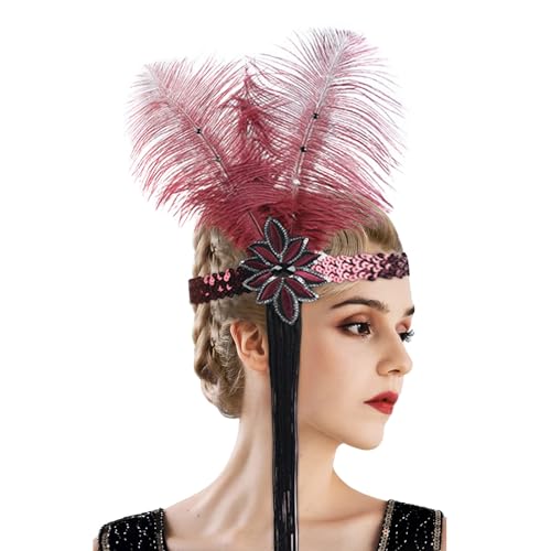 1920er Jahre Haarschmuck Flapper Stirnband Vintage Feder Paillette Haarband ​20er Jahre Kopfschmuck Kleid Accessoires für Frauen Mädchen Karneval Kostüm Halloween Party (Red, One Size) von DolceTiger