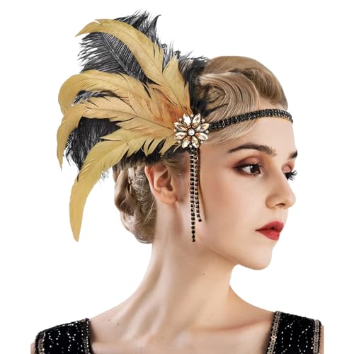 1920er Jahre Vintage Haarschmuck Strass Feder Stirnband Vintage Haarband ​20er Jahre Kopfschmuck Kleid Accessoires für Frauen Mädchen Karneval Kostüm (Gold, One Size) von DolceTiger