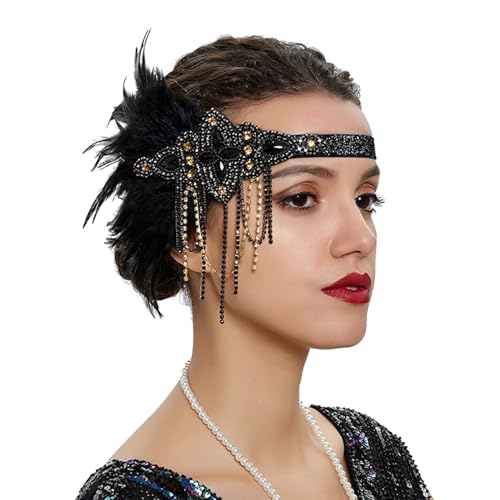 20er Jahre Haarschmuck Karneval Kostüm Damen Feder Stirnband Damen-Kopfbedeckung, Feder-Kopfbedeckung für Damen Party Tanz Nachmittagstee Hochzeit Kopfbedeckung (Black, One Size) von DolceTiger