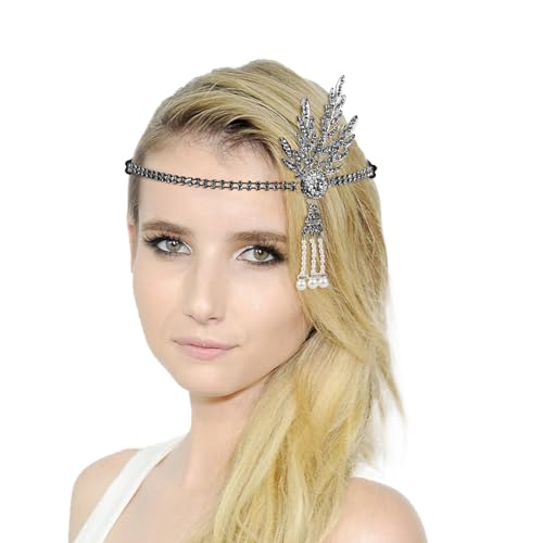 20er Jahre Haarschmuck Stirnband Karneval Kostüm Damen Strass Stirnband Damen-Kopfbedeckung, Strass-Kopfbedeckung für Damen Party Tanz Nachmittagstee Hochzeit Kopfbedeckung (Black, One Size) von DolceTiger