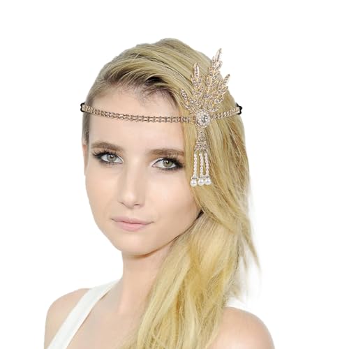 20er Jahre Haarschmuck Stirnband Karneval Kostüm Damen Strass Stirnband Damen-Kopfbedeckung, Strass-Kopfbedeckung für Damen Party Tanz Nachmittagstee Hochzeit Kopfbedeckung (Gold, One Size) von DolceTiger