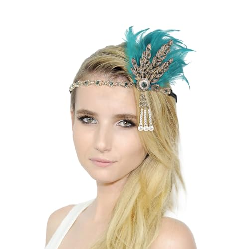 20er Jahre Haarschmuck Stirnband mit Feder Strass Perlen Karneval Kostüm Damen Stirnband Damen-Kopfbedeckung für Damen Halloween Party Tanz Nachmittagstee Hochzeit Kopfbedeckung (AG, One Size) von DolceTiger