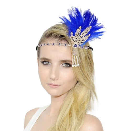 20er Jahre Haarschmuck Stirnband mit Feder Strass Perlen Karneval Kostüm Damen Stirnband Damen-Kopfbedeckung für Damen Halloween Party Tanz Nachmittagstee Hochzeit Kopfbedeckung (Blue, One Size) von DolceTiger