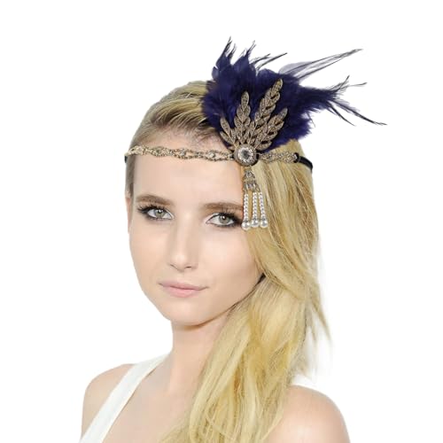 20er Jahre Haarschmuck Stirnband mit Feder Strass Perlen Karneval Kostüm Damen Stirnband Damen-Kopfbedeckung für Damen Halloween Party Tanz Nachmittagstee Hochzeit Kopfbedeckung (Navy, One Size) von DolceTiger