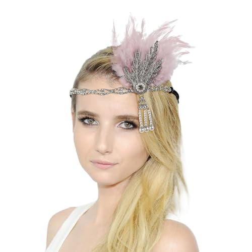 20er Jahre Haarschmuck Stirnband mit Feder Strass Perlen Karneval Kostüm Damen Stirnband Damen-Kopfbedeckung für Damen Halloween Party Tanz Nachmittagstee Hochzeit Kopfbedeckung (Pink, One Size) von DolceTiger