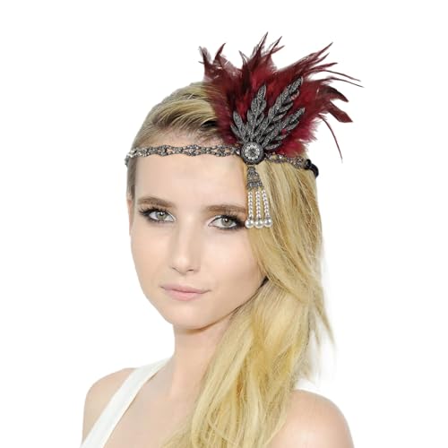 20er Jahre Haarschmuck Stirnband mit Feder Strass Perlen Karneval Kostüm Damen Stirnband Damen-Kopfbedeckung für Damen Halloween Party Tanz Nachmittagstee Hochzeit Kopfbedeckung (Wine, One Size) von DolceTiger