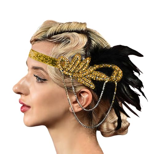 20er Jahre Vintage Feder Haarschmuck Elegante Stirnband mit Feder Strass Karneval Kostüm Damen 20er Jahre Accessoires Damen-Kopfbedeckung für Halloween Karneval Party (Gold, One Size) von DolceTiger