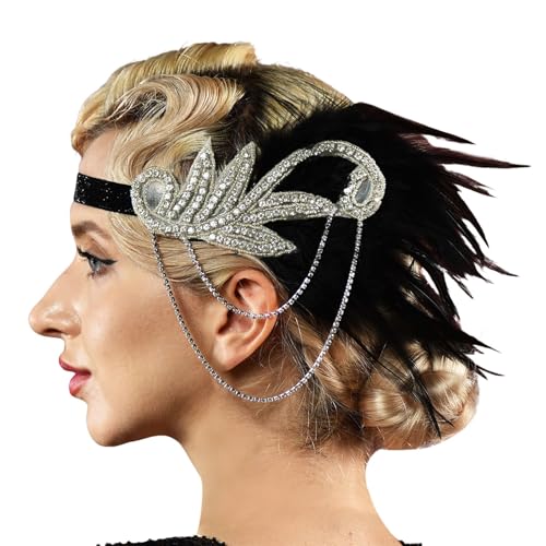 20er Jahre Vintage Feder Haarschmuck Elegante Stirnband mit Feder Strass Karneval Kostüm Damen 20er Jahre Accessoires Damen-Kopfbedeckung für Halloween Karneval Party (Grey, One Size) von DolceTiger