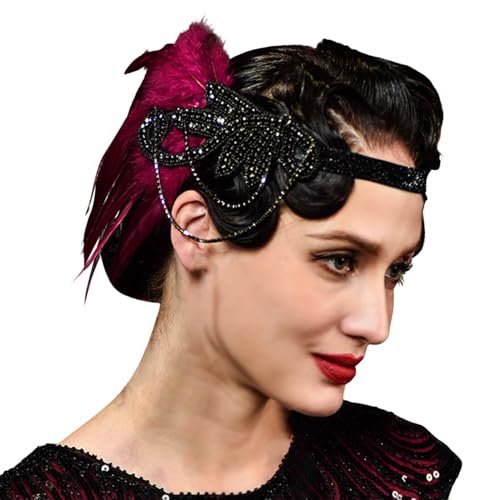 20er Jahre Vintage Feder Haarschmuck Elegante Stirnband mit Feder Strass Karneval Kostüm Damen 20er Jahre Accessoires Damen-Kopfbedeckung für Halloween Karneval Party (Red, One Size) von DolceTiger