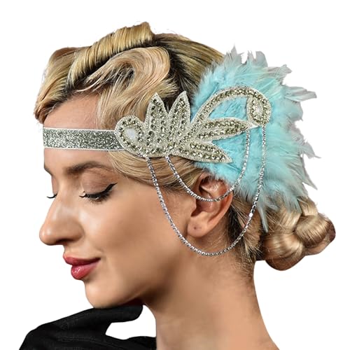 20er Jahre Vintage Feder Haarschmuck Elegante Stirnband mit Feder Strass Karneval Kostüm Damen 20er Jahre Accessoires Damen-Kopfbedeckung für Halloween Karneval Party (Sky Blue, One Size) von DolceTiger