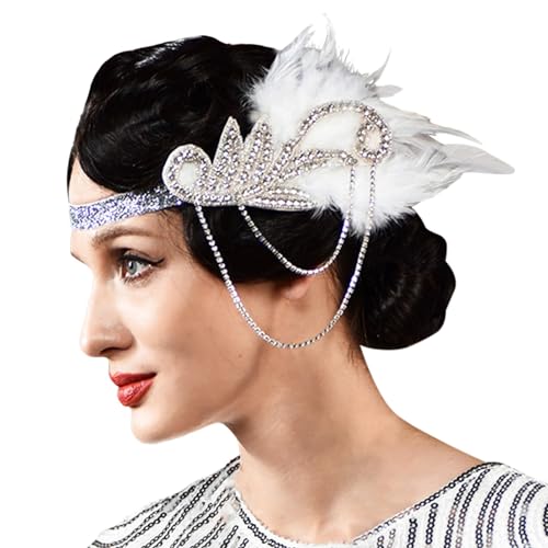 20er Jahre Vintage Feder Haarschmuck Elegante Stirnband mit Feder Strass Karneval Kostüm Damen 20er Jahre Accessoires Damen-Kopfbedeckung für Halloween Karneval Party (White, One Size) von DolceTiger