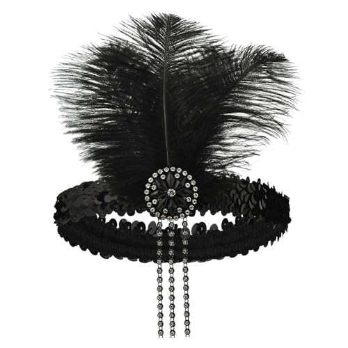 20er Jahre Vintage Haarschmuck Stirnband mit Feder Strass Karneval Kostüm Damen 20er Jahre Accessoires Damen-Kopfbedeckung für Damen Halloween Karneval (Black, One Size) von DolceTiger