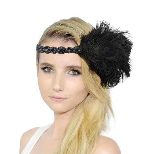 20er Jahre Vintage Kopfschmuck Feder Haarschmuck Elegante Stirnband mit Feder Pfau Kostüm Karneval Kostüm Damen 20er Jahre Accessoires Damen-Kopfbedeckung für Karneval Party (Black, One Size) von DolceTiger