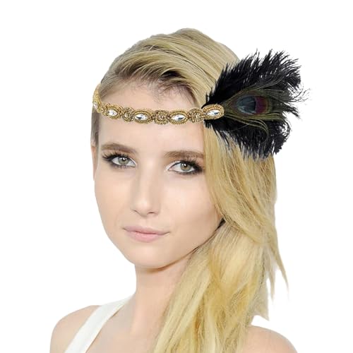 20er Jahre Vintage Kopfschmuck Feder Haarschmuck Elegante Stirnband mit Feder Pfau Kostüm Karneval Kostüm Damen 20er Jahre Accessoires Damen-Kopfbedeckung für Karneval Party (Gold, One Size) von DolceTiger