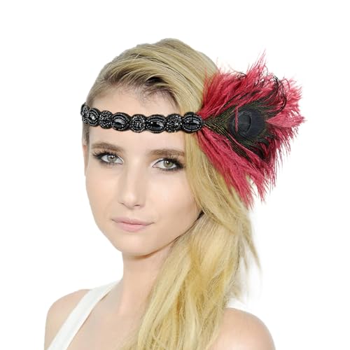 20er Jahre Vintage Kopfschmuck Feder Haarschmuck Elegante Stirnband mit Feder Pfau Kostüm Karneval Kostüm Damen 20er Jahre Accessoires Damen-Kopfbedeckung für Karneval Party (Red, One Size) von DolceTiger