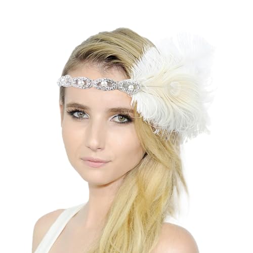 20er Jahre Vintage Kopfschmuck Feder Haarschmuck Elegante Stirnband mit Feder Pfau Kostüm Karneval Kostüm Damen 20er Jahre Accessoires Damen-Kopfbedeckung für Karneval Party (White, One Size) von DolceTiger