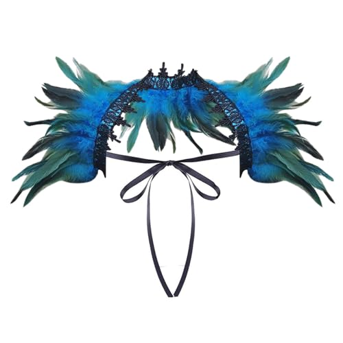 Damen Spitze Federschal Pfau Kostüm Damen Vintage Feder Schal Umhänge Schulterumhang Cape Gothic Federboa Kostüm Vogel Karneval Kostüm Samba Kostüm für Karneval Halloween Maskerade (Light Blue) von QARIDO
