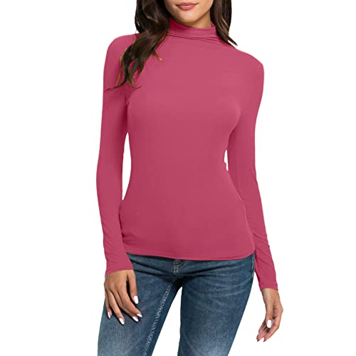 Damen Thermo Rollkragenshirt Slim Fit Thermounterwäsche Oberteil Langarmshirt Top Pullover Mock-Ausschnitt Rollkragenpullover Winter Warm Dehnbar Langarm Basic-Shirt (Hot Pink, XXL) von DolceTiger