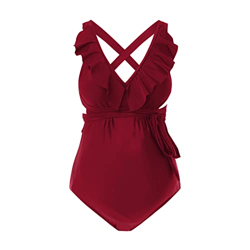 DolceTiger Bademode Für Schwangere Damen Umstandsmode Einteilige Badebekleidung Halfter Schwangerschaft Badeanzug Soild Badeanzüge Bademode Schwangerschafts-Badeanzug (Red, L) von DolceTiger