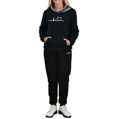 DolceTiger Jogginganzug Damen Set Herbst Winter Heartbeat 2 Teiler Jogginganzug Hoodie Kuschelig Freizeit Sportanzug Hausanzug Elegant Y2 K Trainingsanzug Große Größen Fitness Zweiteiler (Black, L) von DolceTiger