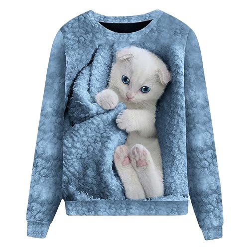 DolceTiger Pullover Damen Sweatshirt Damen Ohne Kapuze Damen-Sweatshirt mit Tiermotiv lässig locker niedlicher Katzendruck langärmelig Rundhalsausschnitt T Shirt Damen (Blue, L) von DolceTiger