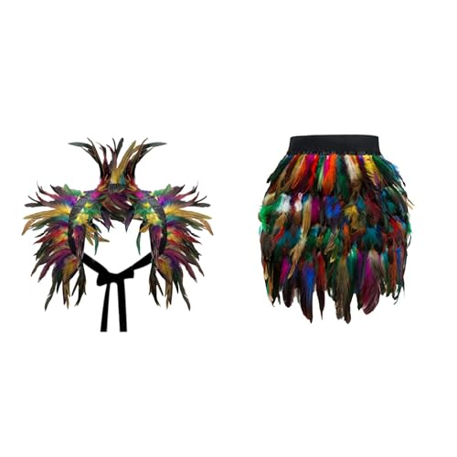 Gothic Federrock + Federschal 2-teiliges Set Pfau Kostüm Damen Pfauenfedern Outfits Karneval Bühnenkostüme Ballkleid Rock Minirock für Cosplay-Party (Multicolor Skirt+Scarf, S) von DolceTiger