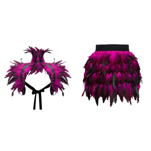 Gothic Federrock + Federschal 2-teiliges Set Pfau Kostüm Damen Pfauenfedern Outfits Karneval Kostüm Damen Bühnenkostüme Ballkleid Damen Rock Minirock für Cosplay-Party Karneval (Z-Hot Pink, L) von DolceTiger