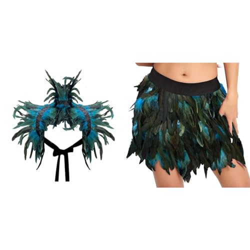 Gothic Federrock + Federschal 2-teiliges Set Pfau Kostüm Damen Pfauenfedern Outfits Karneval Kostüm Damen Bühnenkostüme Ballkleid Damen Rock Minirock für Cosplay-Party Karneval (Z-Sky Blue, L) von DolceTiger