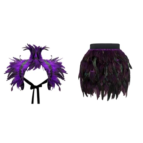 Gothic Federrock + Federschal 2-teiliges Set Pfau Kostüm Damen Pfauenfedern Outfits Karneval Kostüm Damen Bühnenkostüme Ballkleid Damen Rock Minirock für Cosplay-Party Karneval Leistung (Z-Purple, L) von DolceTiger