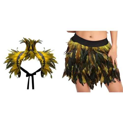 Gothic Federrock + Federschal 2-teiliges Set Pfau Kostüm Damen Pfauenfedern Outfits Karneval Kostüm Damen Bühnenkostüme Ballkleid Damen Rock Minirock für Cosplay-Party Karneval Leistung (Z-Yellow, L) von DolceTiger